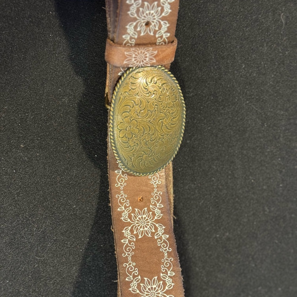 Streets Ahead Floral Brown Belt with Ornate Gold Buckle